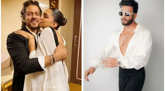 Deepika Padukone kisses Shah Rukh Khan on the cheek while husband Ranveer Singh sings ‘Chaleya’ in celebration of Jawan’s success.